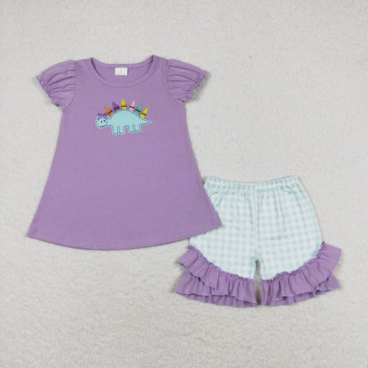 GSSO1032 embroidery back to school pen dinosaur purple short sleeve sky blue checkered shorts girls set