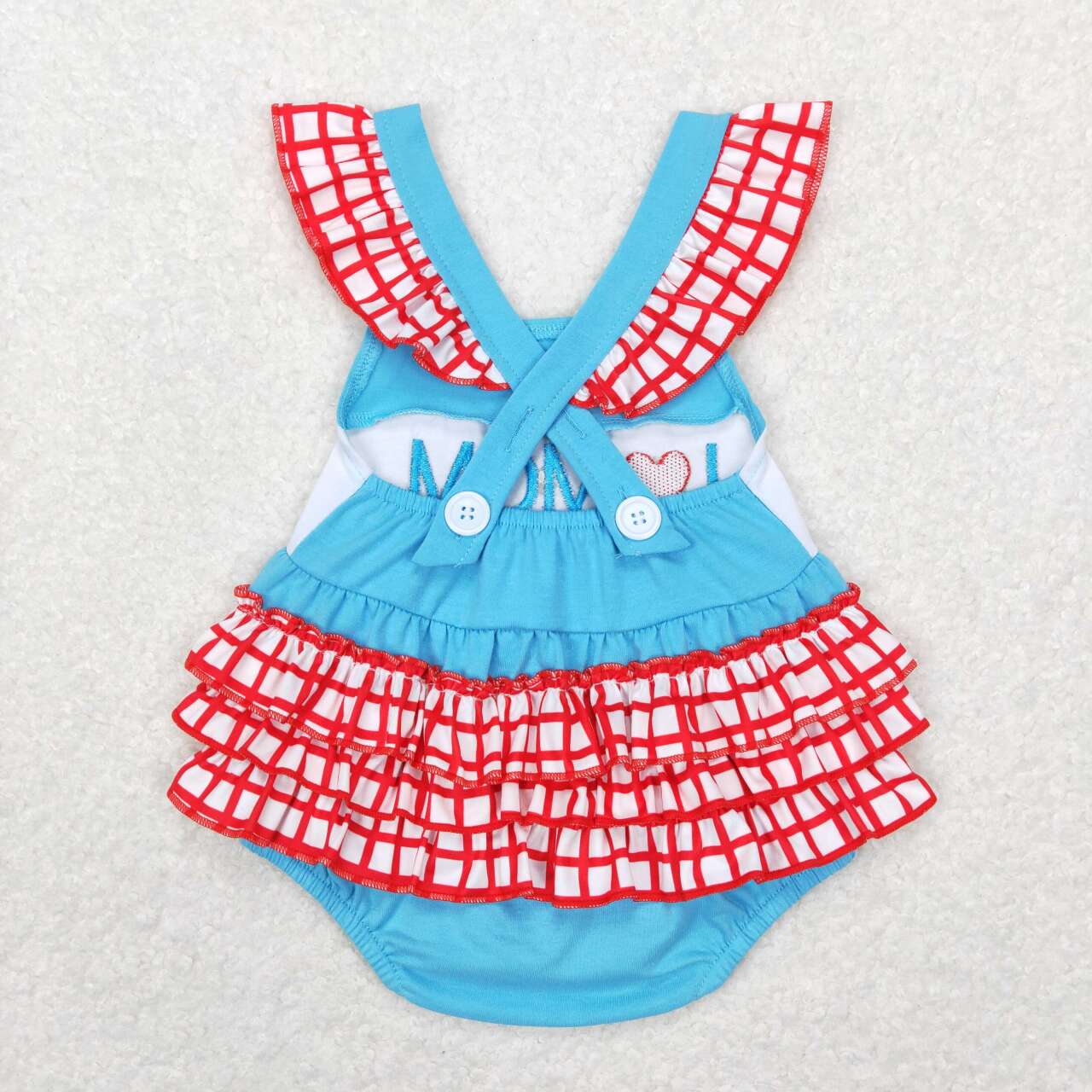 SR0683 I love mom blue red checkered flutter sleeve girls romper