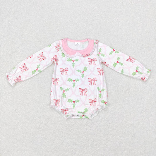 LR0577 Christmas holly leaf bowknot pink long sleeve girls romper