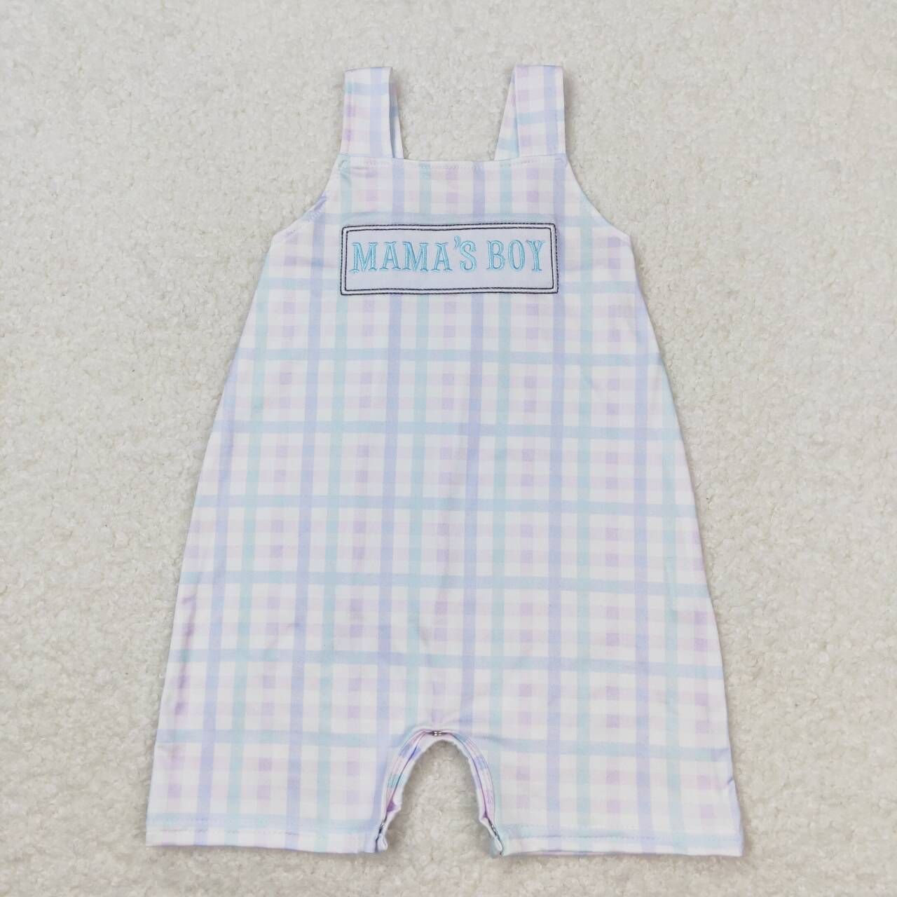SR1092 embroidery Mama's boy checkered sleeveless boys romper