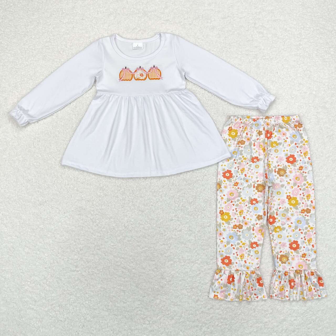 embroidery GLP1378 Autumn pumpkin long sleeve colorful flowers pants girls set