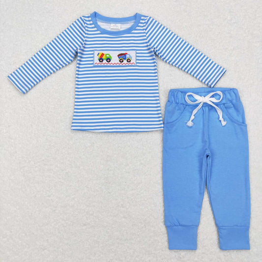 BLP0393 Construction truck blue striped long sleeve pants boys set