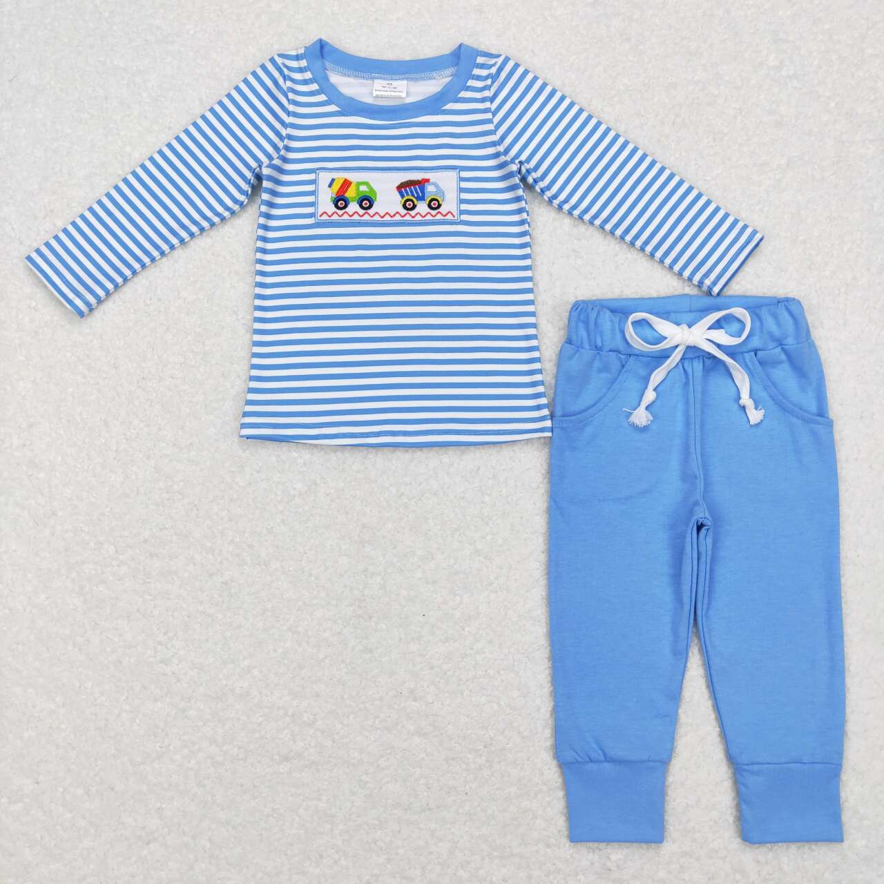 BLP0393 Construction truck blue striped long sleeve pants boys set
