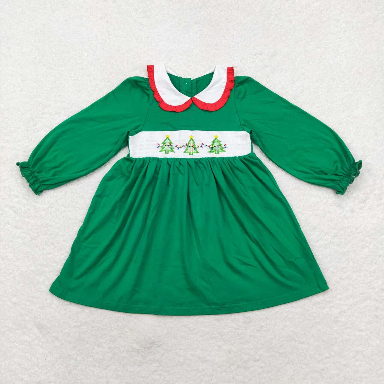 GLD0559 Christmas embroidery tree green Long Sleeve Girls Smocked Dress