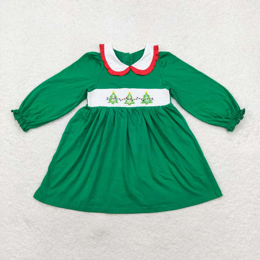 GLD0559 Christmas embroidery tree green Long Sleeve Girls Smocked Dress