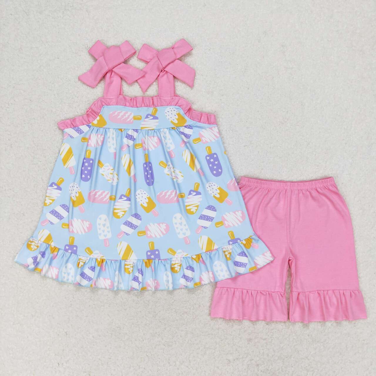 GSSO1037 multi color ice blue lace-up pink shorts girls set