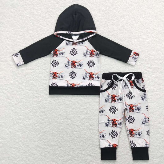 BLP0363 Highland cow Aztec hoodie boys set