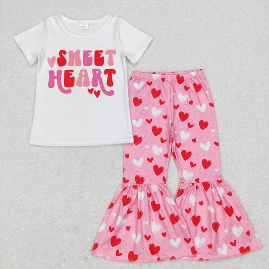 GSPO0984 Valentine's Day sweet heart short sleeve pink pants girls set