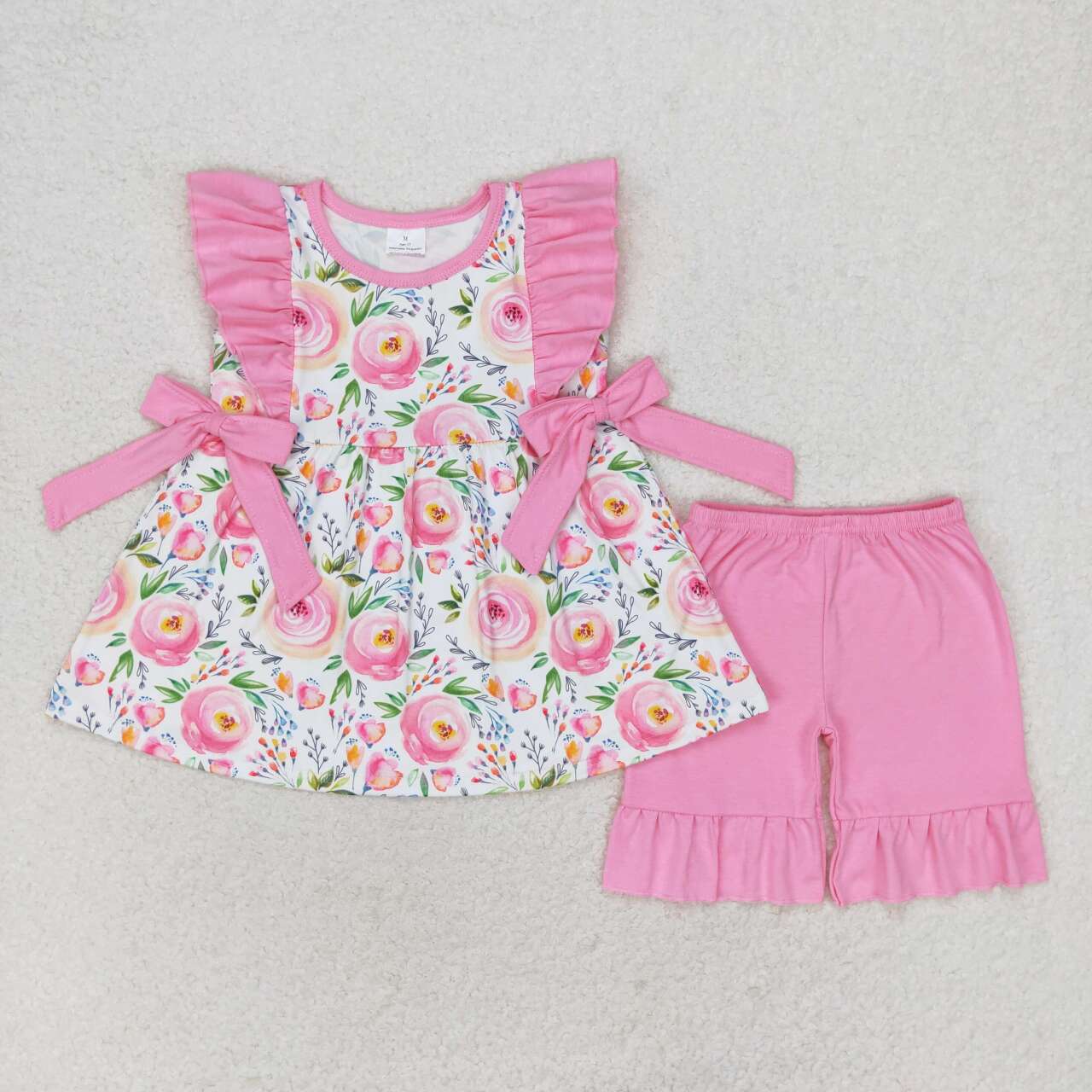 GSSO1003 multi color flowers pink flutter sleeve pink shorts girls set