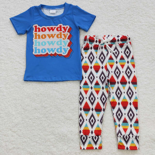BSPO0137 Howdy blue short sleeve aztec pants boys set kids clothes