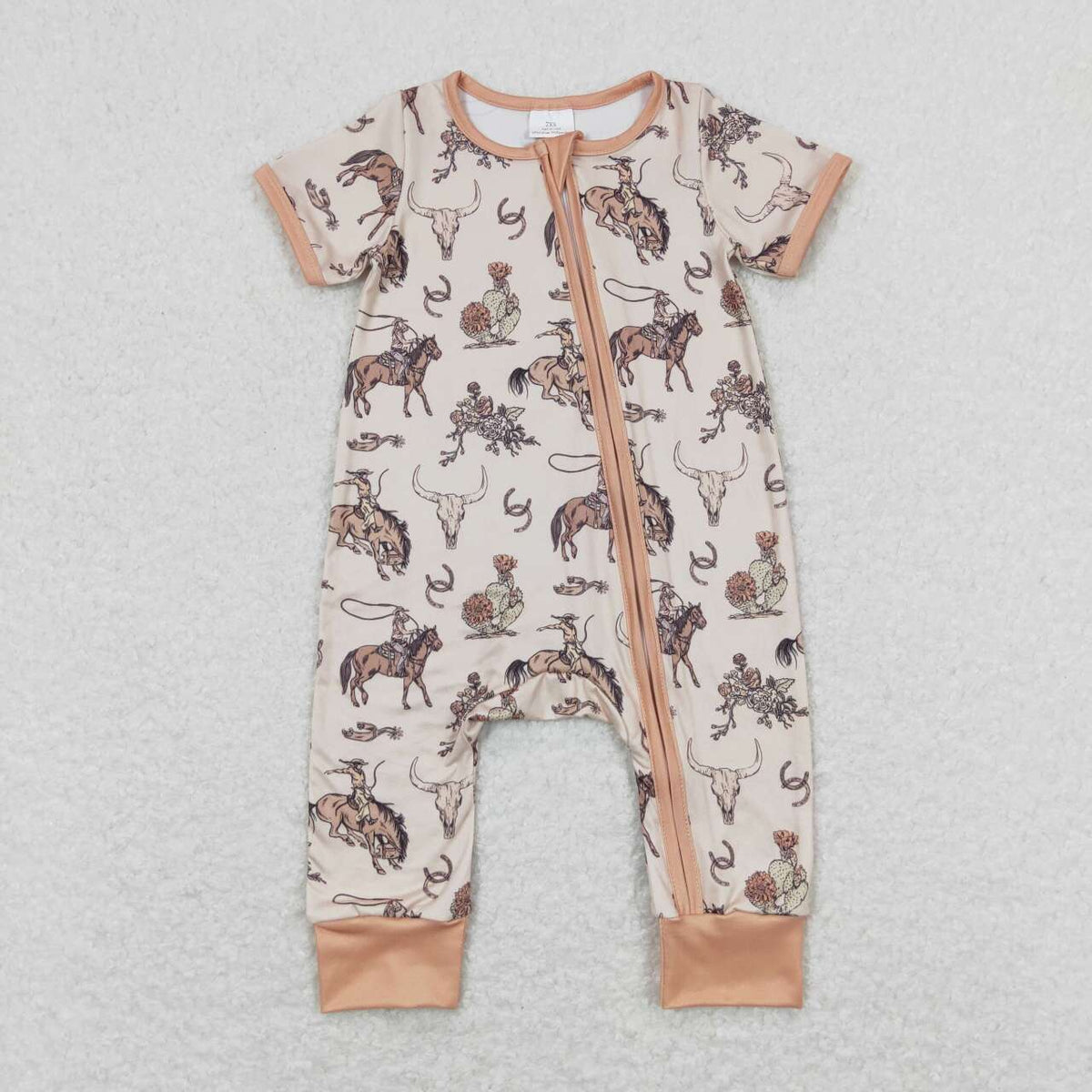 SR1220 Western cow rodeo orange short sleeve zipper girls romper