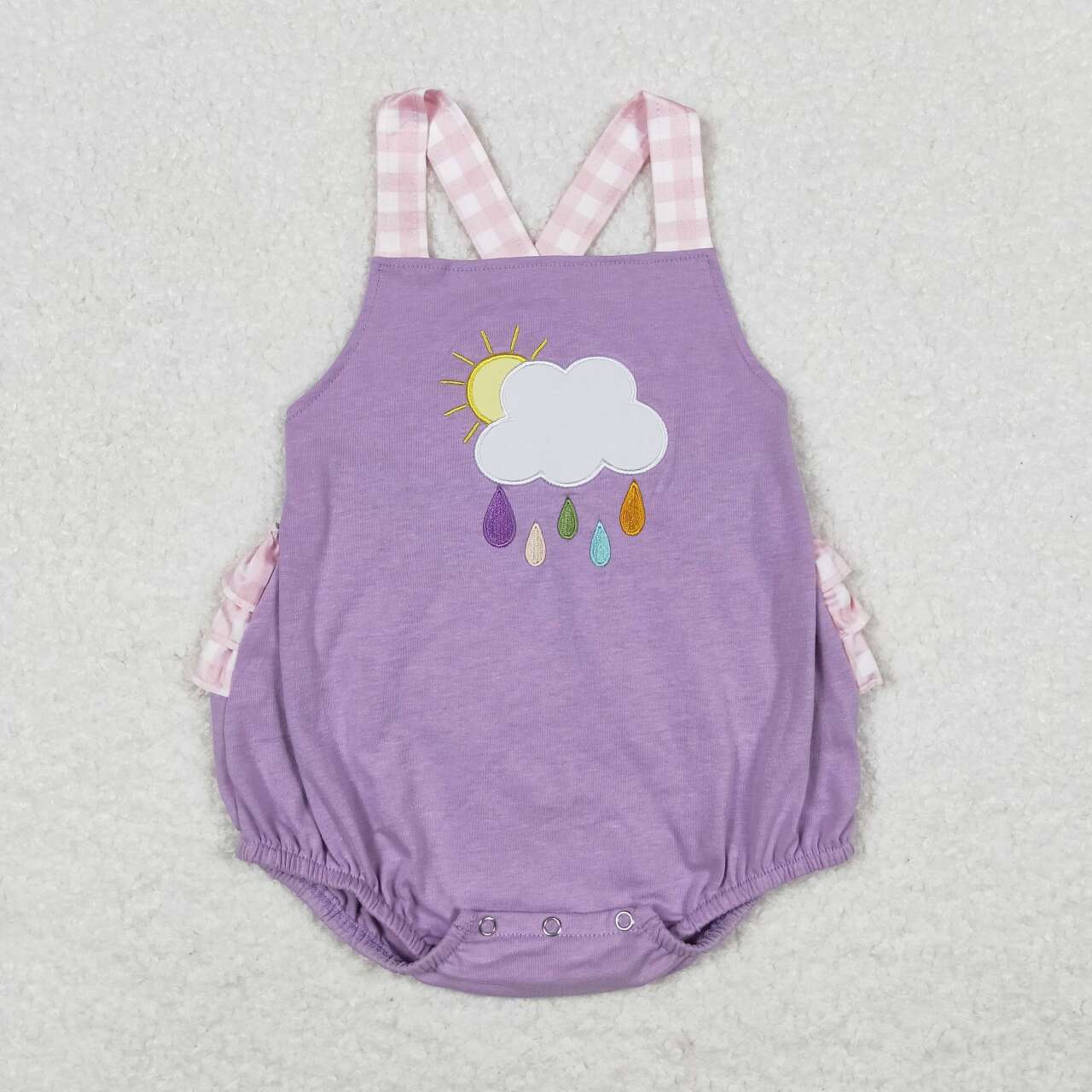 SR1071 embroidery Rain purple pink checkered sleeveless girls romper