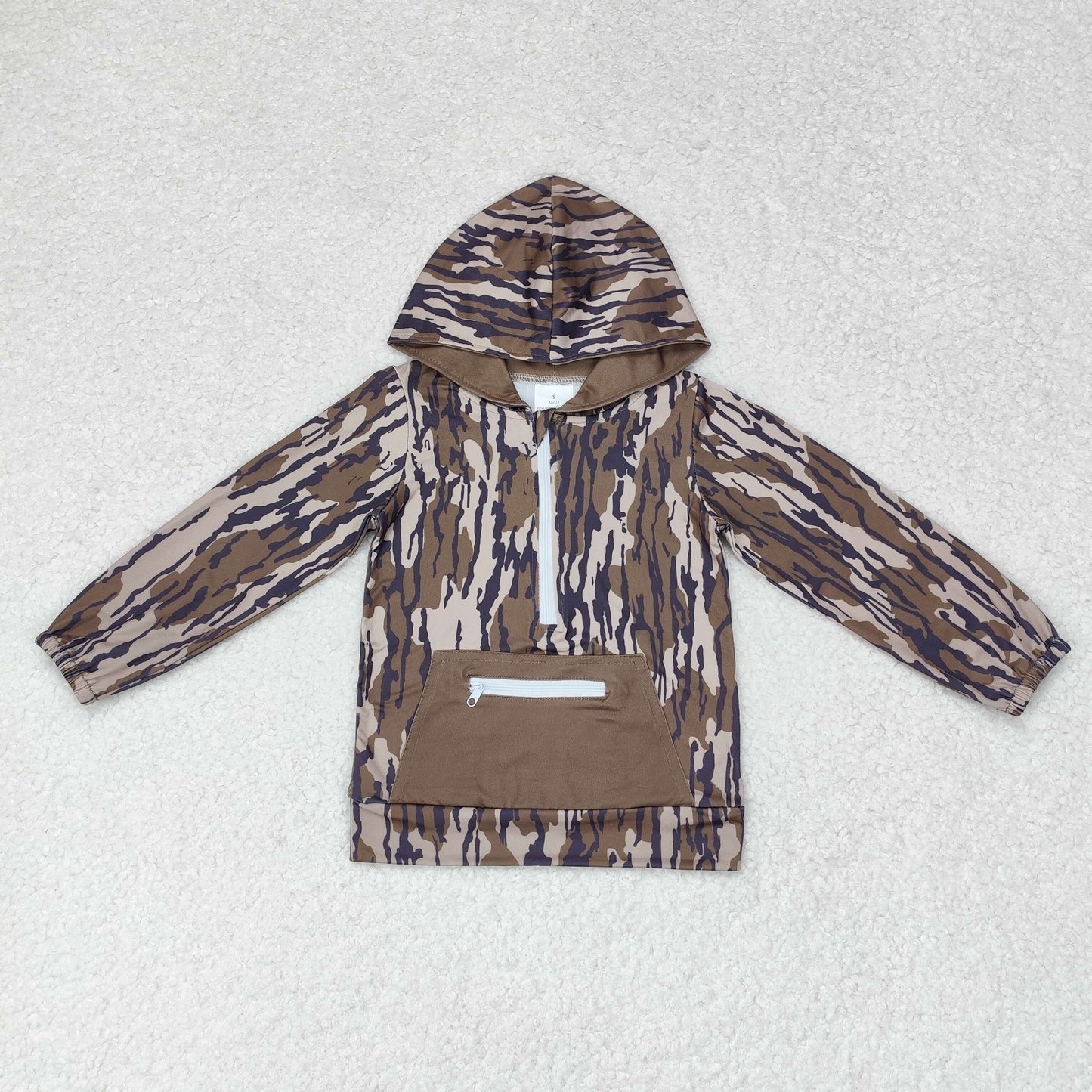 BT0753 dark green camo pocket long sleeve boys hoodie top