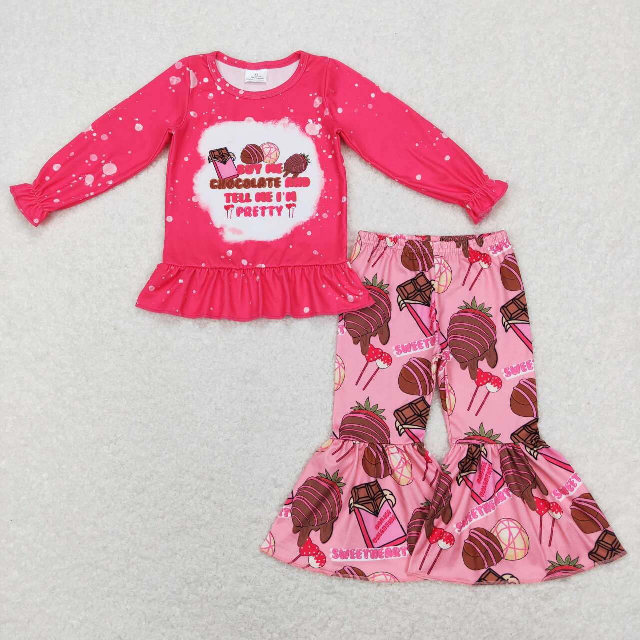 GLP1098 Valentine's Day Sweet Heart Chocolate Strawberry Long  Sleeve Pink Pants Girls Set