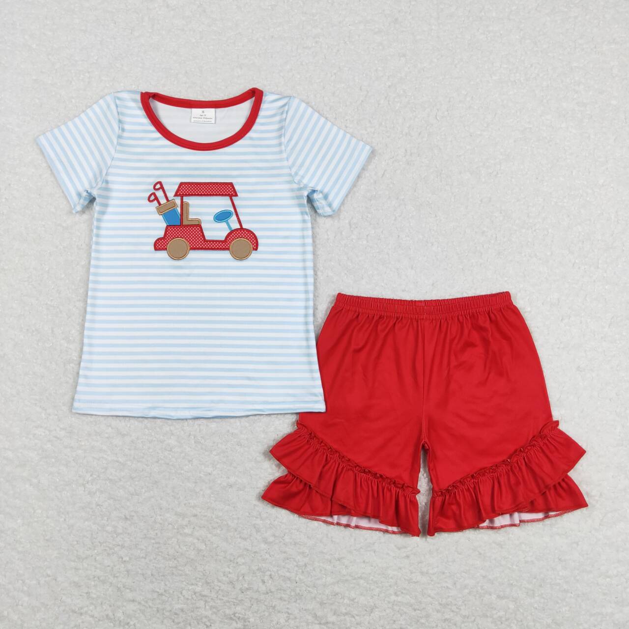 GSSO0432 Golf blue striped short sleeve red shorts girls set