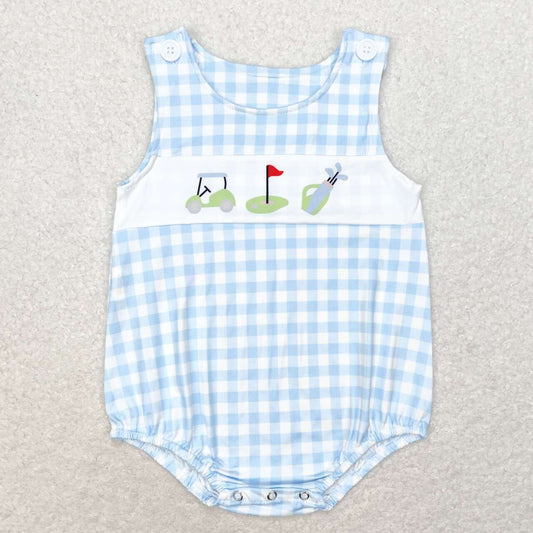 SR1176 Play golf blue checkered boys romper