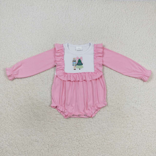 LR0480 Christmas Tree Soldier Pink Long Sleeve Kids Romper