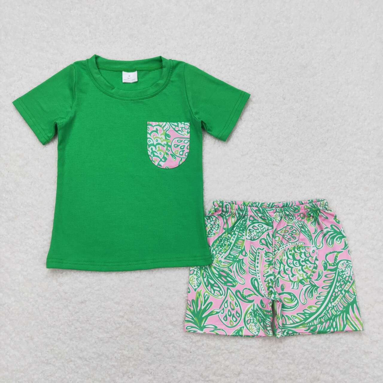 BSSO0839 fish green pocket short sleeve pink green fish print shorts boys set