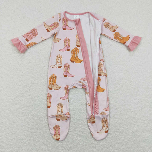 LR0852 Western boot pink long sleeve zipper girls romper