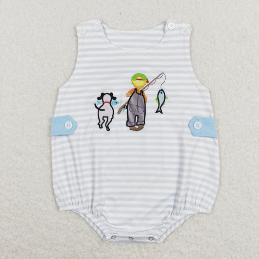 SR0644 Embroidery Fishing grey sleeveless boys romper