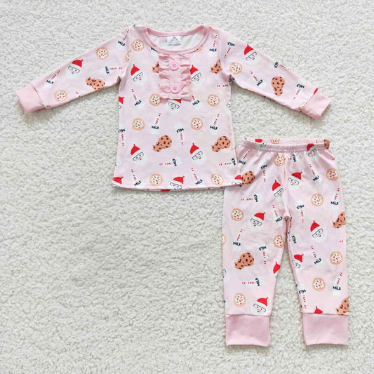 GLP0592 Christmas Santa Claus Cookie Pink Long Sleeve Pants Girls Pajamas