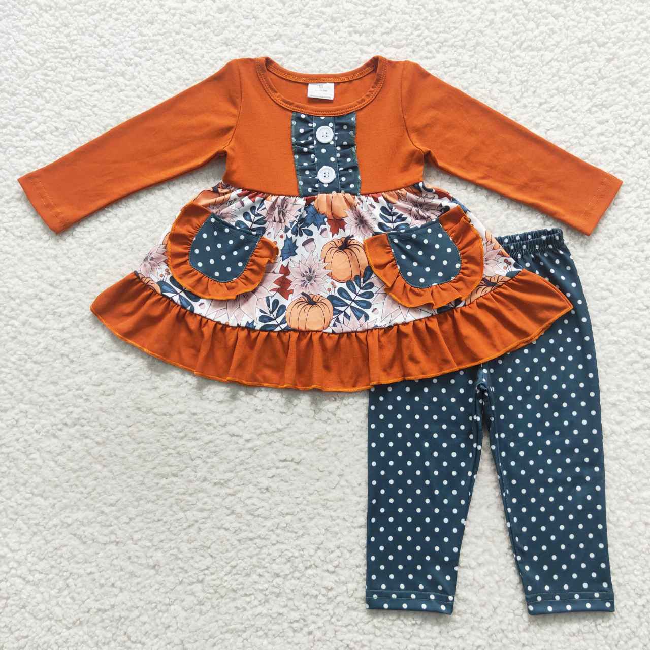 GLP0682 Pumpkin brown pocket long sleeve green dot pants girls set