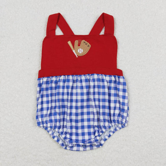 SR0616 embroidery Play baseball red ruffles blue checkered sleeveless boys romper