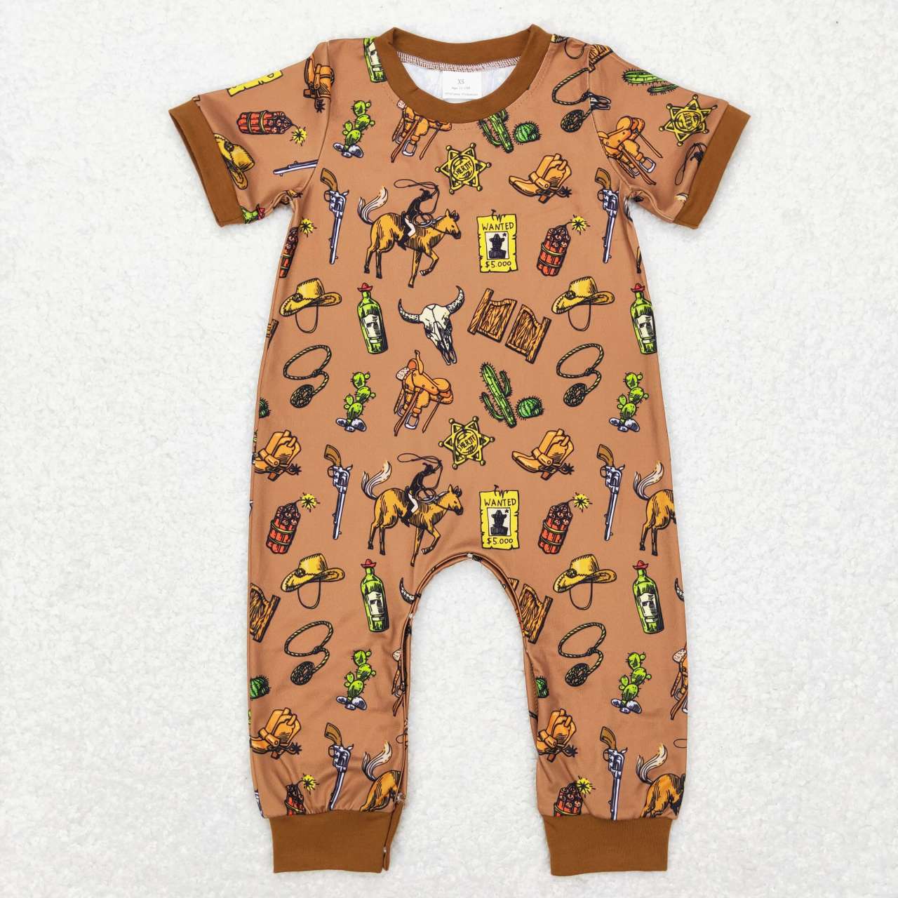 SR0569 Western cow rodeo cactus brown short sleeve boys romper