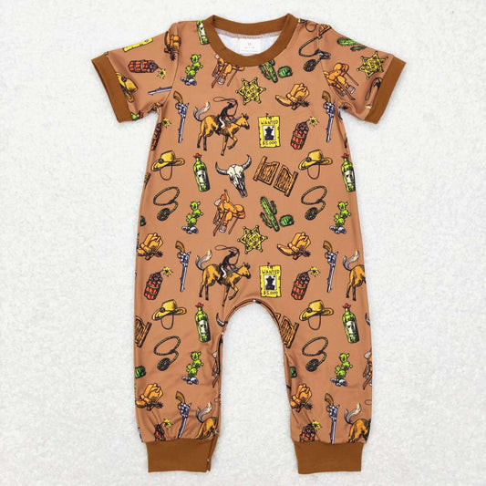 USA SHOP SR0569 Western cow rodeo cactus brown short sleeve boys romper
