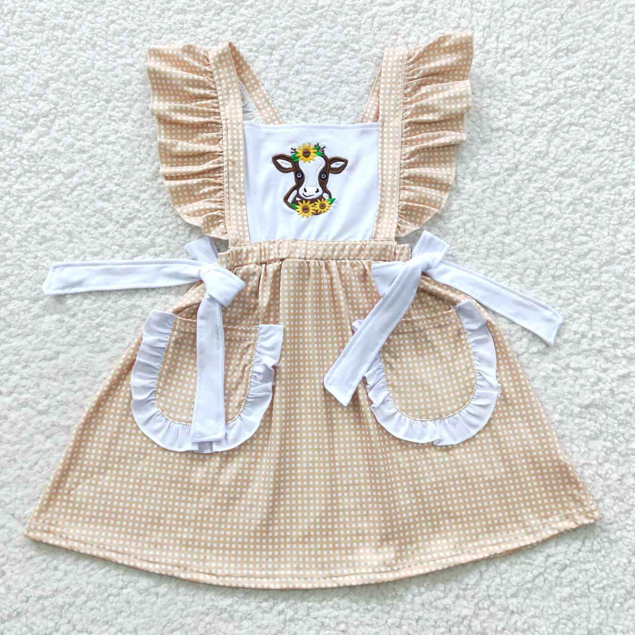 GSD0299 Embroidery Flutter Sleeve Cow Pocket Brown Baby Kids Dress