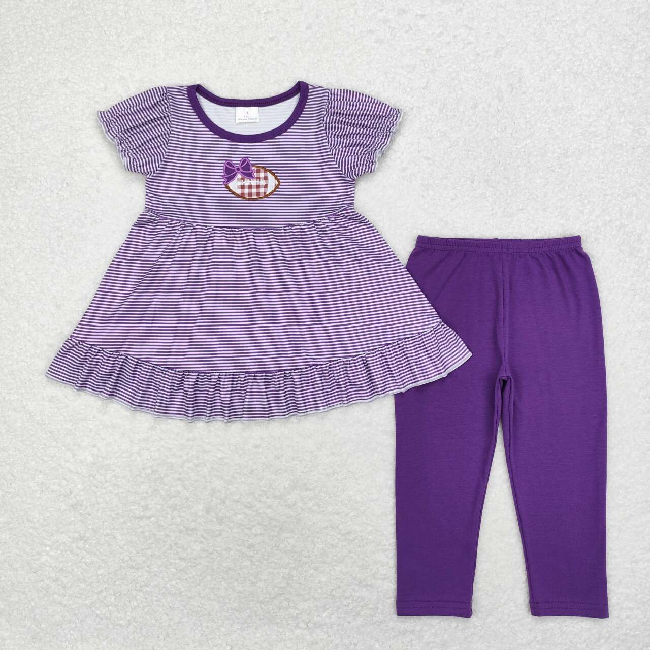 GSPO1676 embroidery football purple striped short sleeve purple pants girls set