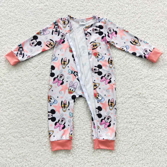 LR0298 Pink Star Cartoon Kids Long Sleeve Romper