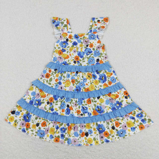 GSD0682 Colorful Flowers Blue Flutter Sleeve Girls Dress