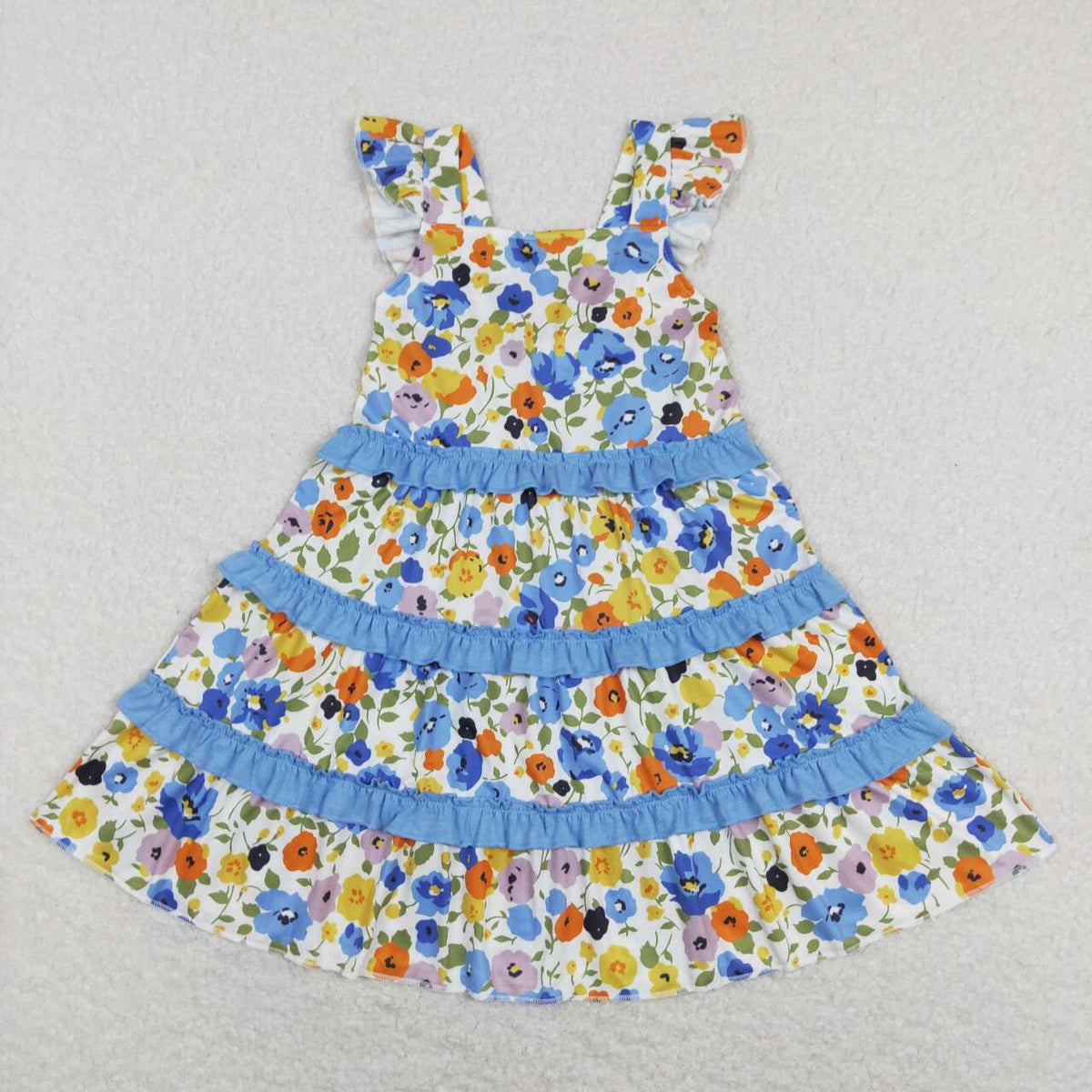 GSD0682 Colorful Flowers Blue Flutter Sleeve Girls Dress