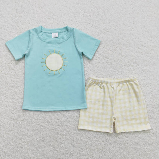 BSSO0614 embroidery Sun cyan short sleeve yellow shorts boys set