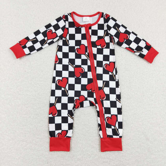 LR0856 Valentine's Day Heart Black Checkered Boys Romper