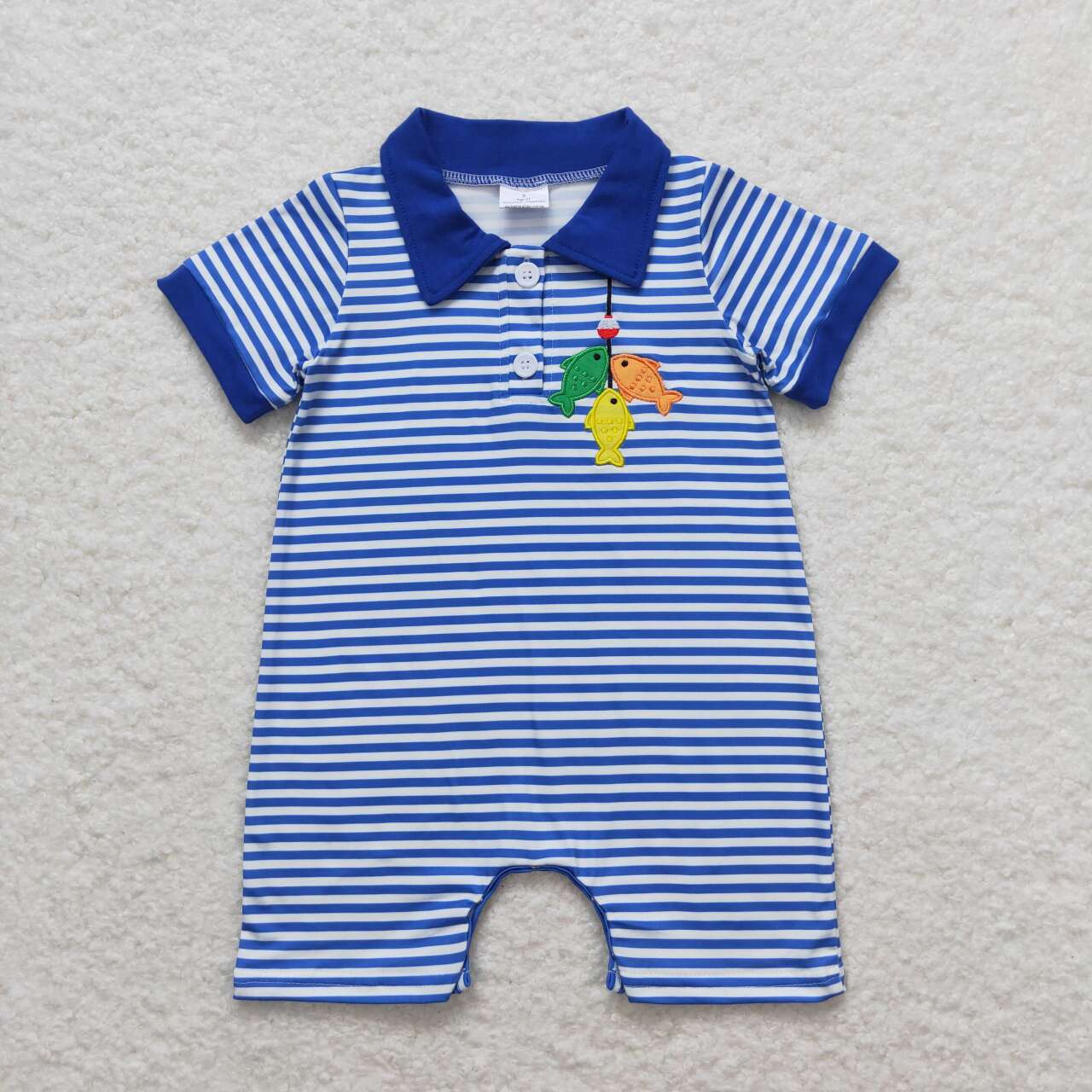 SR1045 embroidery Fishing blue striped short sleeve boys romper