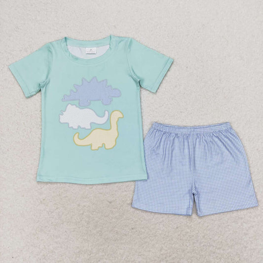 BSSO0920 cute cartoon dinosaur sky blue short sleeve blue checkered shorts boys set