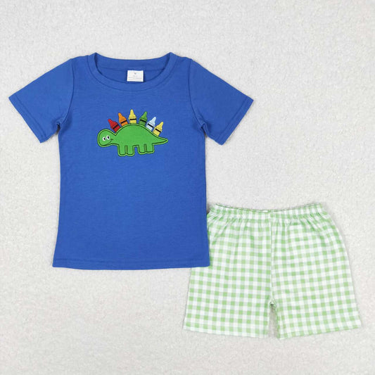 BSSO0805 embroidery back to school pen dinosaur navy blue short sleeve green checkered shorts boys set