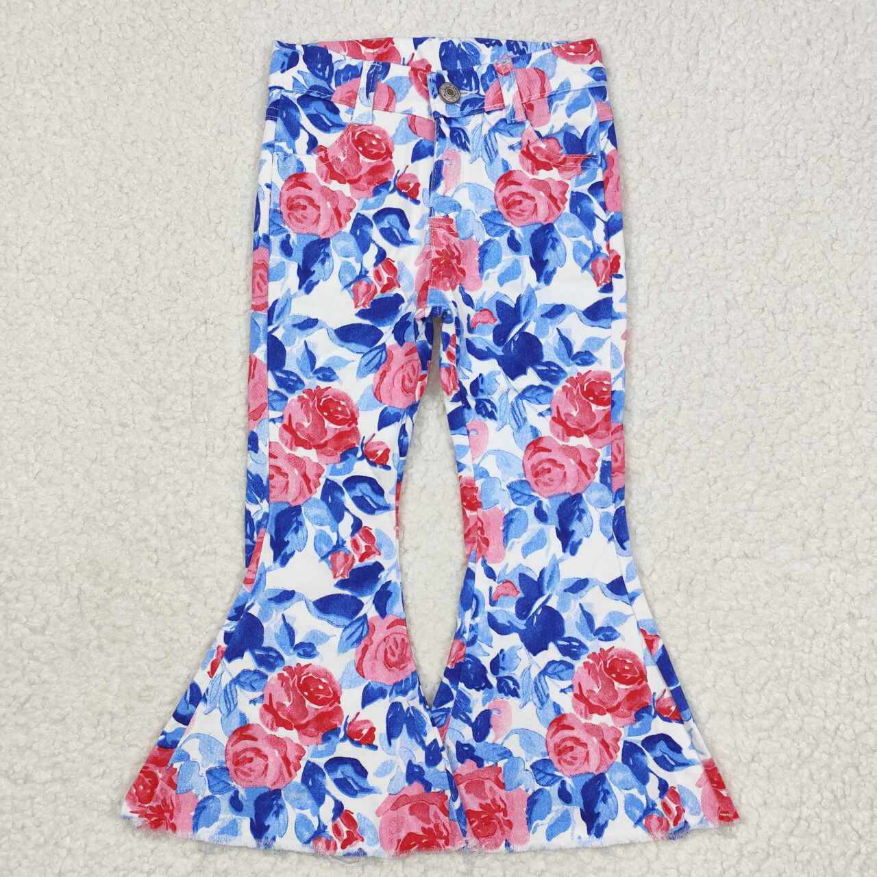 P0466 pink flowers blue denim pants girls jeans