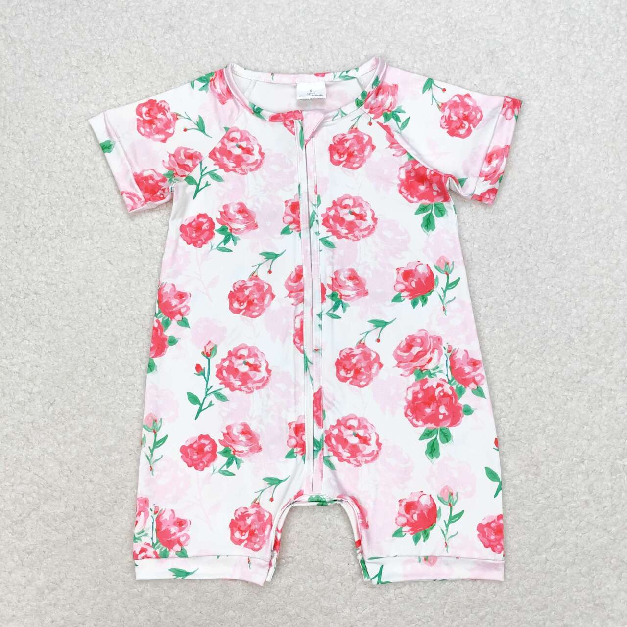 SR1768 hot pink flowers short sleeve girls zipper romper