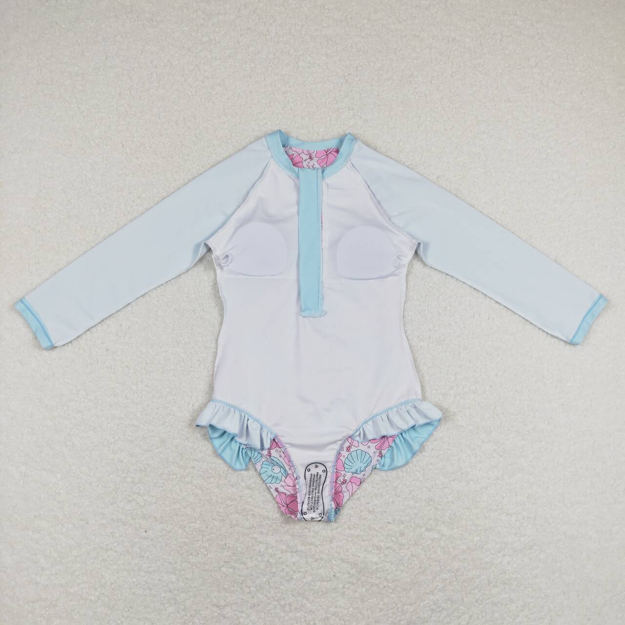 S0182  Pink flowers blue long sleeve Girls Bathing Suits Swimsuits