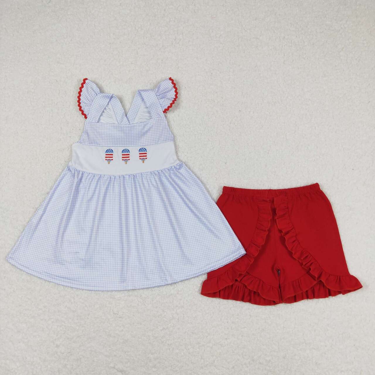 GSSO0798 embroidery July 4th ice blue flutter sleeve red shorts girls set