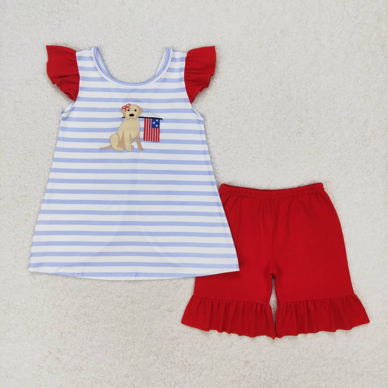 GSSO0663 embroidery July 4th dog flag blue striped flutter sleeve red shorts girls set