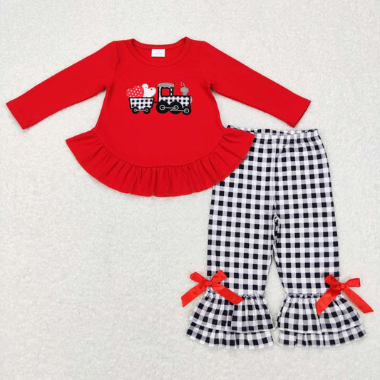 GLP0908 Valentine's Day heart truck red long sleeve black striped cell pants girls set