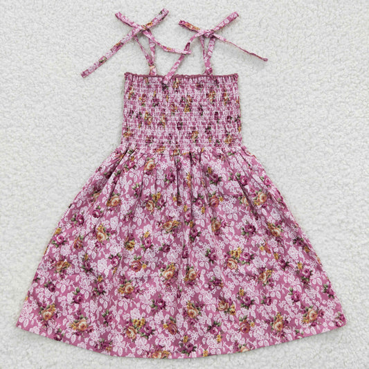 GSD0377 Smocking Stitch Pink Flowers Girls Summer Dress