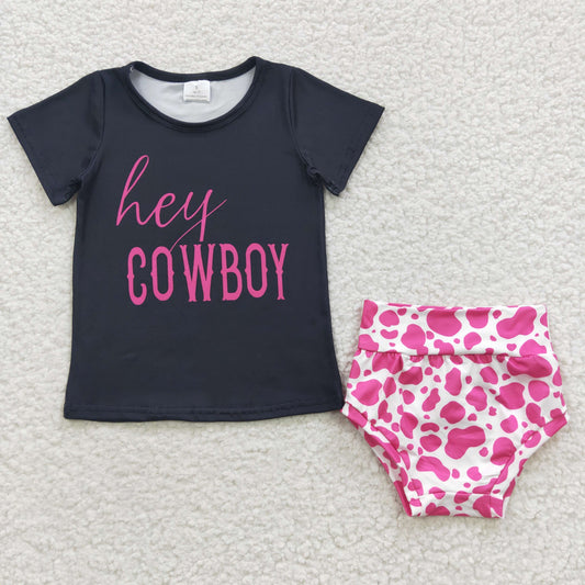 GBO0132 hey COWBOY Black Short Hot Pink Leopard Baby Kids Bummies Set