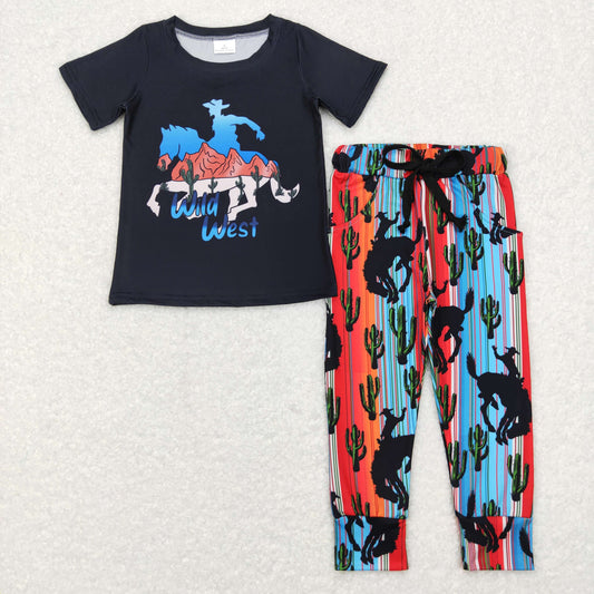 BSPO0138 Western Wild West Rodeo black short sleeve colorful striped pants boys set