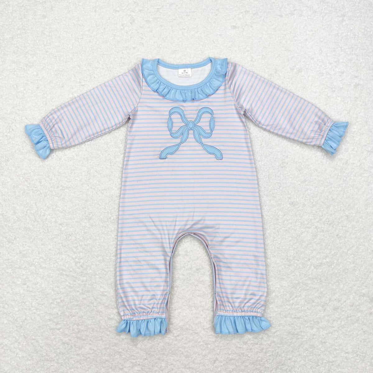 embroidery LR1378 blue bows striped pink long sleeve girls romper