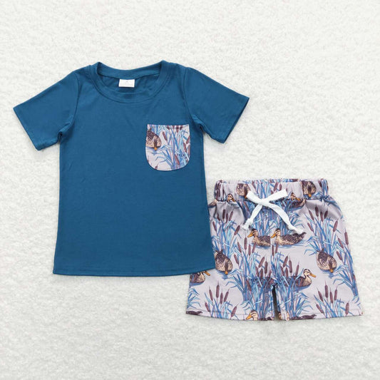 BSSO0452 Hunting Blue Pocket Short Sleeve Mallard Shorts Boys Set